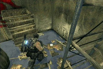 Po animacji poczekaj, aż zatrzyma się winda, po czym wejdź do zaciemnionego szybu - V - Wniebowstąpienie | Akt 5 w Gears of War 3 - Gears of War 3 - poradnik do gry (opis przejścia, nieśmiertelniki, osiągnięcia)