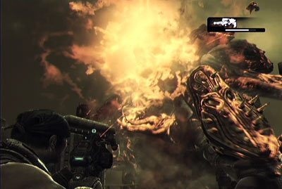 Podnieś tą potężną broń i naceluj wiązką laserową leżącego na ziemi przeciwnika, co spowoduje, że potężnie go uszkodzisz - VI - Dzień zapłaty | Akt 5 w Gears of War 3 - Gears of War 3 - poradnik do gry (opis przejścia, nieśmiertelniki, osiągnięcia)