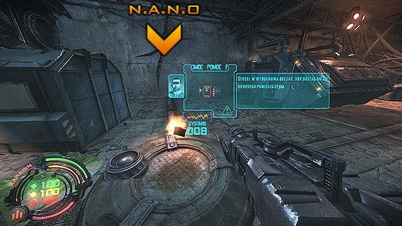 Przeskocz przez zawaloną konstrukcję i zbierz po drodze kolejne N - Poziom I- Pierwszy Kontakt (1) | Opis przejścia | Hard Reset - Hard Reset - poradnik do gry