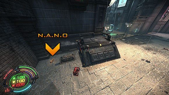 Teraz zejdź schodkami na mniejszy placyk ze świecącym globem - Poziom II- Sektor 6 (1) | Opis przejścia | Hard Reset - Hard Reset - poradnik do gry