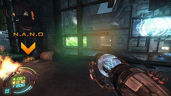 Przejdź po konstrukcji do kolejnego pomieszczenia, gdzie od razu trafisz na małą paczkę N - Poziom II- Sektor 6 (2) | Opis przejścia | Hard Reset - Hard Reset - poradnik do gry