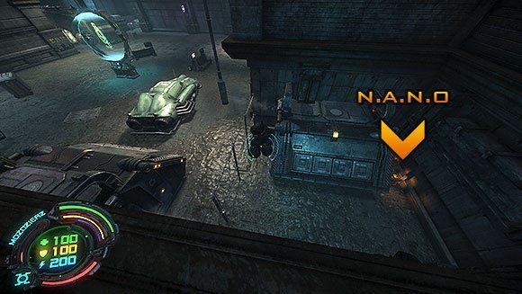 Wróć na plac i przeskocz barykadę, prowadzącą na drugą część placu - Poziom III- Pościg (1) | Opis przejścia | Hard Reset - Hard Reset - poradnik do gry