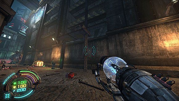 po wjechaniu windą na górę zatrzymaj się i spójrz na przeciwległy gzyms, gdzie znajduje się duże N - Poziom III- Pościg (2) | Opis przejścia | Hard Reset - Hard Reset - poradnik do gry