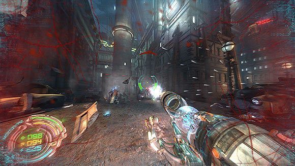 Przejdź za kontenery, z których wyskoczyli slayerzy, przeskocz po skrzyniach i śmietniku przez ogrodzenie znajdujące się za wielką kolumną - Poziom III- Pościg (2) | Opis przejścia | Hard Reset - Hard Reset - poradnik do gry