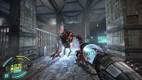 Kiedy zejdziesz już na dół, skręć w prawo (strzałka pokazuje w lewo, ale tam i tak za chwilę pójdziesz) - Poziom IV- Targowisko (1) | Opis przejścia | Hard Reset - Hard Reset - poradnik do gry