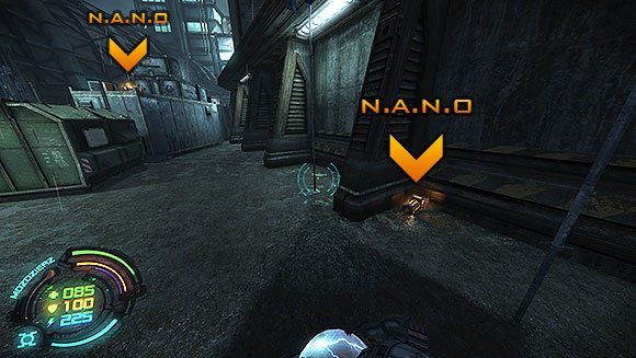 Zaraz po przeskoczeniu ogrodzenia trafisz na duże N - Poziom IV- Targowisko (1) | Opis przejścia | Hard Reset - Hard Reset - poradnik do gry