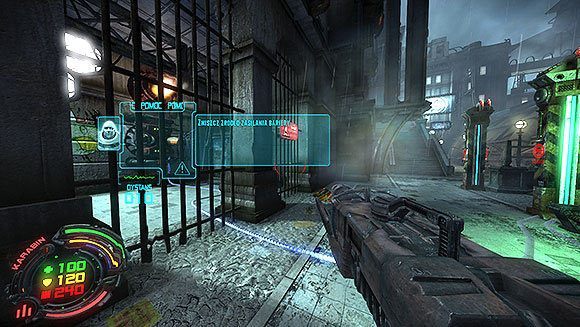 Gdy zejdziesz na ulicę poniżej bariery skieruj się w prawo, gdzie za małą budką leży małe N - Poziom V- Atlas (1) | Opis przejścia | Hard Reset - Hard Reset - poradnik do gry