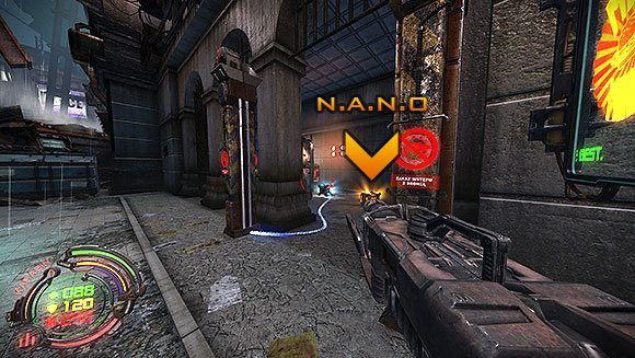 Zajrzyj na schody zastawione kontenerem, który znajduje się za świecącym globem - Poziom V- Atlas (1) | Opis przejścia | Hard Reset - Hard Reset - poradnik do gry