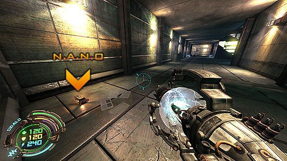 Gdy wejdziesz po schodach, znajdziesz naprzeciwko nich otwartą windę z dużym N - Poziom VI- Podziemia (1) | Opis przejścia | Hard Reset - Hard Reset - poradnik do gry