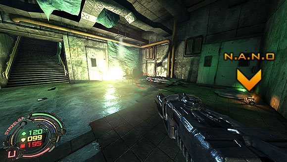 Po wyeliminowaniu kilki przeciwników wejdź schodkami na górę, gdzie znajdziesz małe N - Poziom VI- Podziemia (2) | Opis przejścia | Hard Reset - Hard Reset - poradnik do gry