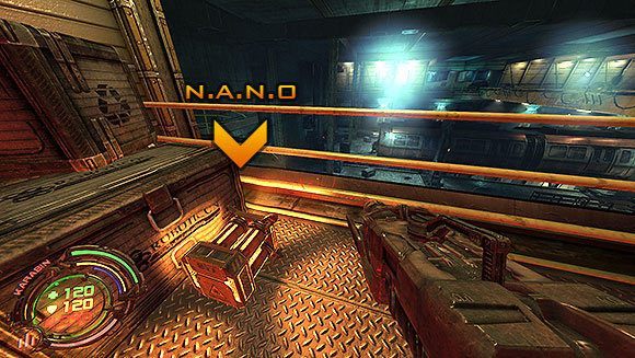 Wróć z powrotem na drugą stronę i zajrzyj za cysternę by zebrać małe N - Poziom VI- Podziemia (2) | Opis przejścia | Hard Reset - Hard Reset - poradnik do gry