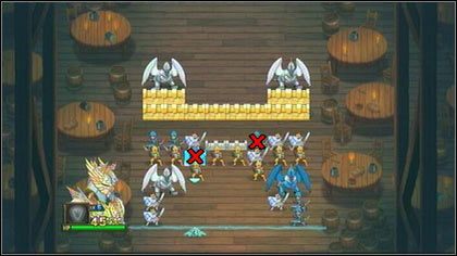 Na początku usuń niebieskiego Łucznika, który otoczony jest przez żółtych Włóczników (po lewej) - Holy Griffin Empire - Bitwy-zagadki - Might & Magic: Clash of Heroes - PC - poradnik do gry