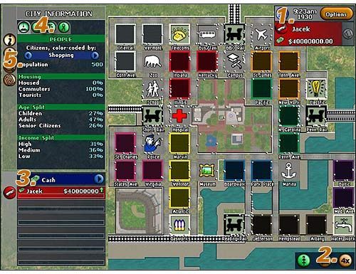 #1 - mamy tu aktualną godzinę (ważna informacja gdy będziesz już wiedział kiedy co się dzieje na planszy ale o tym później) oraz rok (startujemy w roku 1930 a gra najpóźniej może się skończyć w roku 2000) - Poradnik do gry - Interface - City View | Monopoly Tycoon - Monopoly Tycoon - poradnik do gry