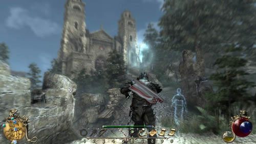 Po znalezieniu się w katedrze zbiegnij po schodach, a automatycznie rozpoczniesz rozmowę z szamanem Tornakiem - Intryga kochanków (2/2) - Two Worlds II: Pirates of The Flying Fortress - poradnik do gry