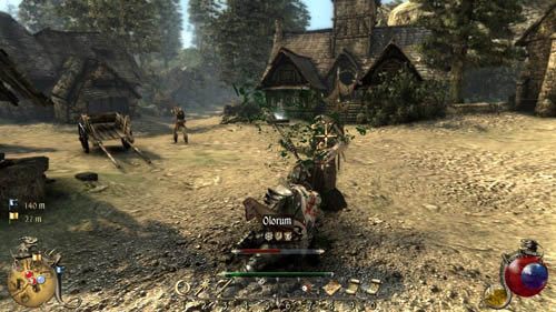 W wiosce będziesz musiał pokonać ostatnią na tym obszarze większą grupę przeciwników: cztery Żarłoki i cztery Olorumy (w tym wojownik, łucznik i dwóch magów, z czego jeden z nich przyzywa Czarnognaty, Gniewacze, Pełzacze) - Szyszak iskier - Two Worlds II: Pirates of The Flying Fortress - poradnik do gry