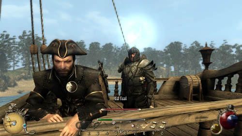 Wejdź na rufę po schodkach i odnajdź kapitana Teala, który spogląda na morze - Skrawek śmiertelnego ciała - Two Worlds II: Pirates of The Flying Fortress - poradnik do gry