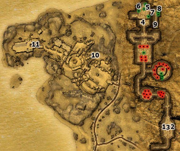 Po wejściu po schodach i zbliżeniu się do trzech cokołów zajrzyj do ekwipunku i kliknij na Szklaną mapę - Archiwa - Two Worlds II: Pirates of The Flying Fortress - poradnik do gry