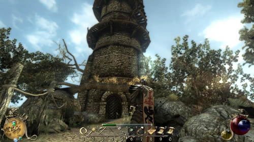 Zejdź po krętych schodach do niższych korytarzy, będziesz tu walczył z Olorumami (uważaj na magów, bo przyzywają nieumarłych) - Latarnia morska Pochodnia - Two Worlds II: Pirates of The Flying Fortress - poradnik do gry