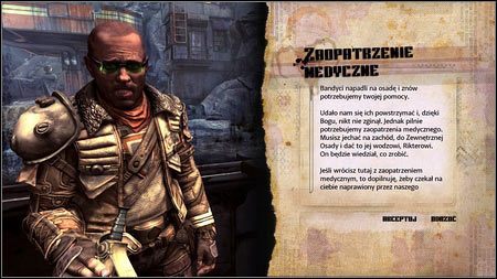 Dan poprosi cię abyś udał się do pobliskiej osady i załatwił trochę zaopatrzenia medycznego, potrzebnego do leczenia rannych - Zaopatrzenie Medyczne | Opis przejścia Rage 1 - Rage - poradnik do gry