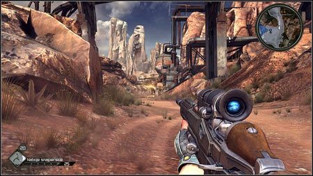 Gdy wyjrzysz zza skał i zobaczysz barykadę, zostaniesz ostrzelany przez bandytów - Zniszcz barykadę | Opis przejścia Rage 1 - Rage - poradnik do gry