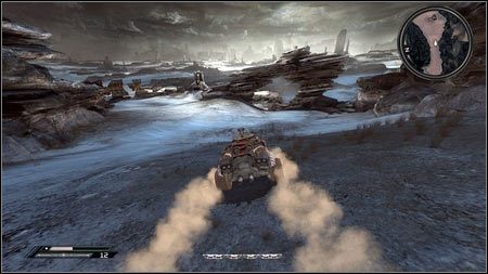 Po wykonaniu zadania Napad na most Władzy udaj na drugą stronę mostu i jedź cały czas prosto, aż zobaczysz skalną konstrukcję w kształcie bramy - Wschodnie Pustkowia | Skoki samochodowe w Rage 1 - Rage - poradnik do gry