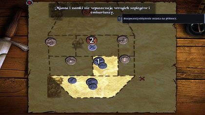 Zaznaczamy LPM nasz oddział znajdujący się koło miasta z możnowładcą (1), po czym rozpoczynamy oblężenie miasta wysuniętego bardziej na północ (2) - Wojna i pokój | Samouczek | Gra o tron Początek - Gra o tron: Początek - poradnik do gry