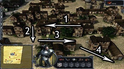Idziemy dalej (1), po czym czekamy aż oddziały wroga przejdą obok - skręcamy wtedy na południe (2), a dalej na wschód (3), (4) - II. Bitwa o dzwony | Rozdział 6- Wojna Uzurpatora | Gra o tron Początek - Gra o tron: Początek - poradnik do gry