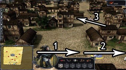 Kolejnym krokiem będzie przecięcie głównej drogi (1), (2), a następnie okrążenie domów i wyruszeniem na północny zachód (3) - II. Bitwa o dzwony | Rozdział 6- Wojna Uzurpatora | Gra o tron Początek - Gra o tron: Początek - poradnik do gry