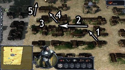 W razie potrzeby, robimy postój by przeczekać obchód wrogiego patrolu, a następnie, mijając pozycję początkową ruszamy między domkami (1), (2) po czym robimy krótką przerwę w bezpiecznym miejscu (3) - II. Bitwa o dzwony | Rozdział 6- Wojna Uzurpatora | Gra o tron Początek - Gra o tron: Początek - poradnik do gry