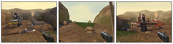 Przejść do bazy przeciwnika jest tu sporo - dwa wspomniane przesmyki skalne po bokach mapy oraz droga przez wzniesienie pośrodku - MP: Mapy #1 | Command & Conquer Renegade - Command & Conquer: Renegade - poradnik do gry