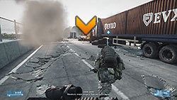 Za każdym razem gdy myśliwiec będzie nawracał, znajdź osłonę przed jego działkami (proponowane miejsca zaznaczone na screenach) - Misja 10- Miedzy młotem a kowadłem | Kampania | Battlefield 3 - Battlefield 3 - poradnik do gry