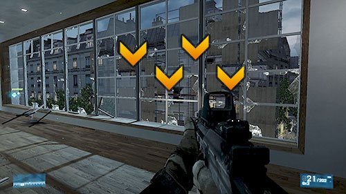 Korytarz możecie przemierzyć sprintem, unikając wrogiego ognia zza okien lub wykończyć wszystkich wrogów znajdujących się na rusztowaniu naprzeciwko - Misja 4- Atak i Ucieczka | Kooperacja | Battlefield 3 - Battlefield 3 - poradnik do gry