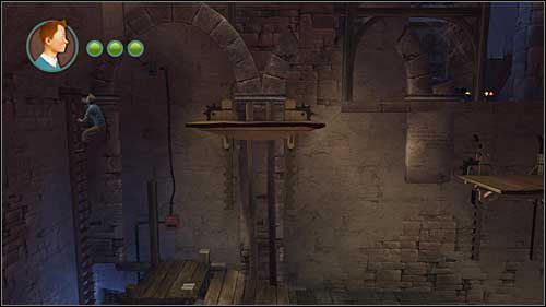 Kiedy dojdziesz do wysokiej drabiny opartej o ścianę wejdź na samą jej górę, a następnie skocz w prawo - Rozdział 6 - Krypty - Opis przejścia - Przygody Tintina: Gra Komputerowa - poradnik do gry