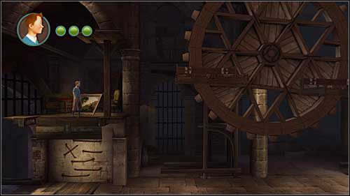 Wskocz na obracające się wraz z kołowrotem kładki, poczekaj na odpowiedni moment i przeskocz na którąś z kładek obracających się wraz z drugim kołowrotem - Rozdział 6 - Krypty - Opis przejścia - Przygody Tintina: Gra Komputerowa - poradnik do gry