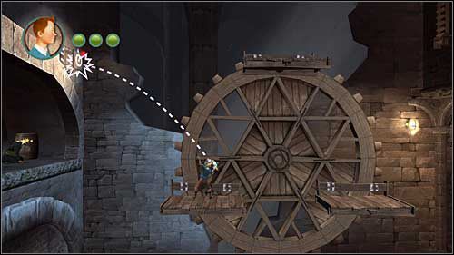 Po akcji z beczką przeskocz na kołowrót i potem do końca w prawo - Rozdział 6 - Krypty - Opis przejścia - Przygody Tintina: Gra Komputerowa - poradnik do gry