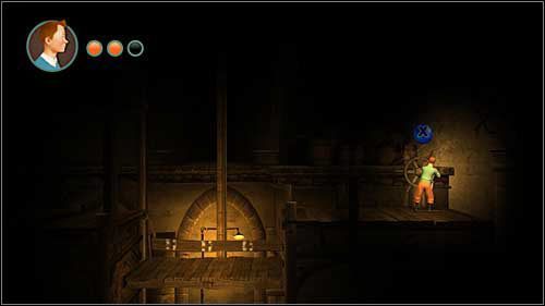 Kawałek dalej, po przejściu w ciemności w prawo i w górę dotrzesz do systemu wind - Rozdział 7 - Na salonach - Opis przejścia - Przygody Tintina: Gra Komputerowa - poradnik do gry