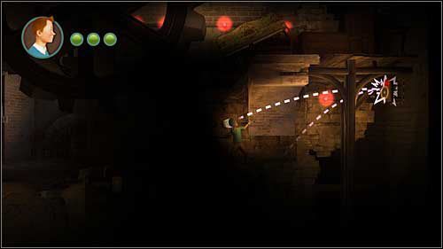 Dwie wielkie zębatki będące mechanizmem windy uruchomisz rzucając puszkami w znajdujące się w ścianach przyciski w skrajnych częściach tej części poziomu - Rozdział 7 - Na salonach - Opis przejścia - Przygody Tintina: Gra Komputerowa - poradnik do gry