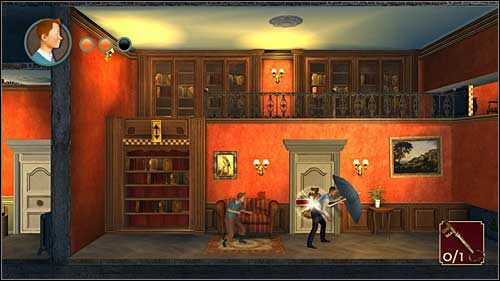 Przeciwników z parasolem można pokonać tylko uderzając w nich od tyłu - Rozdział 7 - Na salonach - Opis przejścia - Przygody Tintina: Gra Komputerowa - poradnik do gry