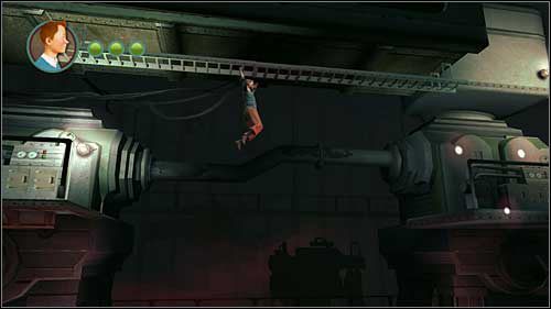 Tintin może przemieszczać się po zawieszonych pod sufitem drabinkach - Rozdział 12 - Na tropie Allana (1) - Opis przejścia - Przygody Tintina: Gra Komputerowa - poradnik do gry