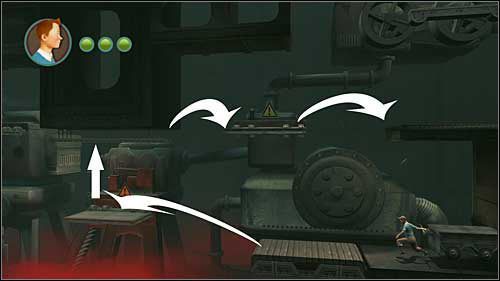 Wyciągnij ze ściany wózek i przeskocz na kładkę zapadnię w lewo, po czym od razu podskocz do drabinki - Rozdział 12 - Na tropie Allana (2) - Opis przejścia - Przygody Tintina: Gra Komputerowa - poradnik do gry