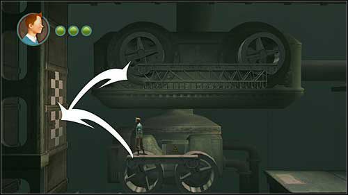 Wejdź na stalową belkę i ponownie odbij się od ściany by sięgnąć drabinki kiedy ta będzie maksymalnie wysunięta w lewo - Rozdział 12 - Na tropie Allana (2) - Opis przejścia - Przygody Tintina: Gra Komputerowa - poradnik do gry