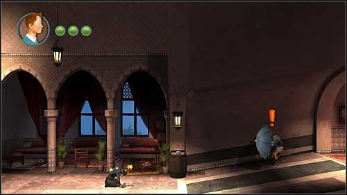 Następnie znajdziesz się w korytarzu pilnowanym przez odwróconego plecami osiłka i przechadzającego się typa z parasolem - Rozdział 19 - Pałac Omara Ben Salaada (3) - Opis przejścia - Przygody Tintina: Gra Komputerowa - poradnik do gry