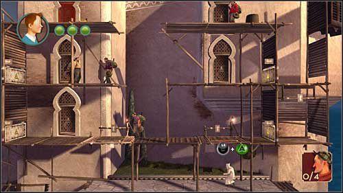 Lokacja z czterema przeciwnikami pomimo skomplikowania nie jest trudna do przejścia i nie wymaga dużo kombinowania - Rozdział 19 - Pałac Omara Ben Salaada (3) - Opis przejścia - Przygody Tintina: Gra Komputerowa - poradnik do gry