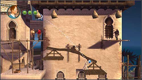 Stojąc na prawej szalce rzuć piłką w worek, który wyłączy z akcji dwóch typów z lewej - Rozdział 19 - Pałac Omara Ben Salaada (3) - Opis przejścia - Przygody Tintina: Gra Komputerowa - poradnik do gry