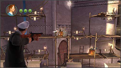 Kolejna rozprawa z kapitanem Allanem jest prawie identyczna jak poprzednio, tylko że w drugiej fazie zamiast bananów masz wybuchowe butelki - Rozdział 20 - Ostatni zwój - Opis przejścia - Przygody Tintina: Gra Komputerowa - poradnik do gry