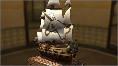 Ustaw trzy żagle modelu tak, aby tworzyły rysunek jednorożca, po czym wyciągnij z kadłuba drewnianą skrzyneczkę - Rozdział 20 - Ostatni zwój - Opis przejścia - Przygody Tintina: Gra Komputerowa - poradnik do gry