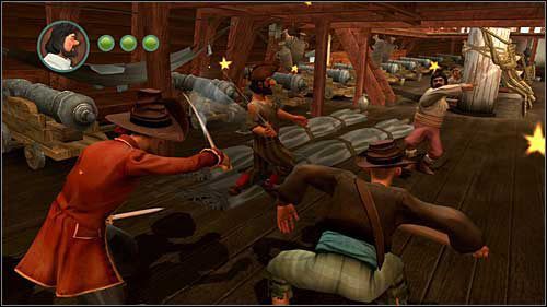 Na początku starcia pozbądź się kilku przeciwników kilkakrotnie naciskają klawisz kierunku w górę - Rozdział 21 - Kapitan Franciszek De Barilca - Opis przejścia - Przygody Tintina: Gra Komputerowa - poradnik do gry