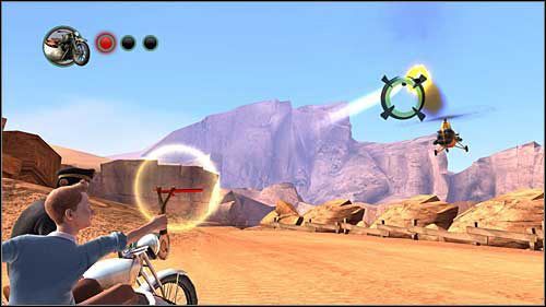 Dopiero kiedy się zatrzymacie zacznij strzelać w śmigłowiec, który z kolei będzie wystrzeliwał rakiety - Rozdziały 22 - 23 - Opis przejścia - Przygody Tintina: Gra Komputerowa - poradnik do gry