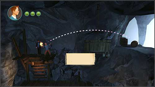 Kawałek dalej rozpal następną pochodnię i rzuć nią tak, by jej tor lotu przecinał sznur, którym podwiązana jest kładka - Rozdział 24 - W podmorskich jaskiniach (1) - Opis przejścia - Przygody Tintina: Gra Komputerowa - poradnik do gry