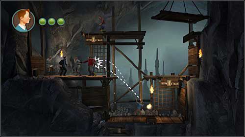 Następną pochodnią rzuć w typa po prawej stronie - Rozdział 24 - W podmorskich jaskiniach (2) - Opis przejścia - Przygody Tintina: Gra Komputerowa - poradnik do gry